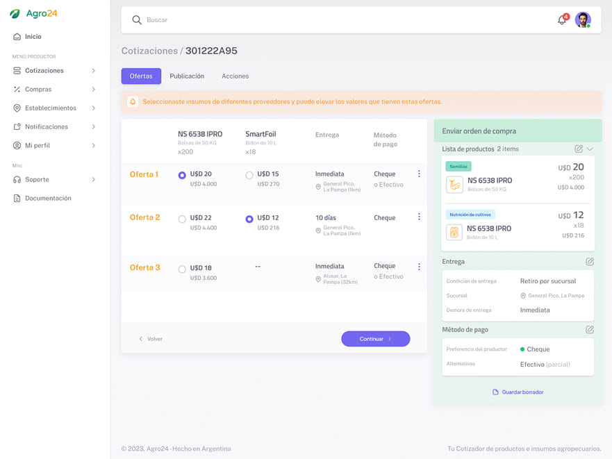 Pantalla de Agro24 despues del rediseño UX/UI