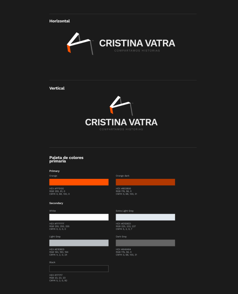Versiones del logo y paleta de colores primaria de Cristina Vatra