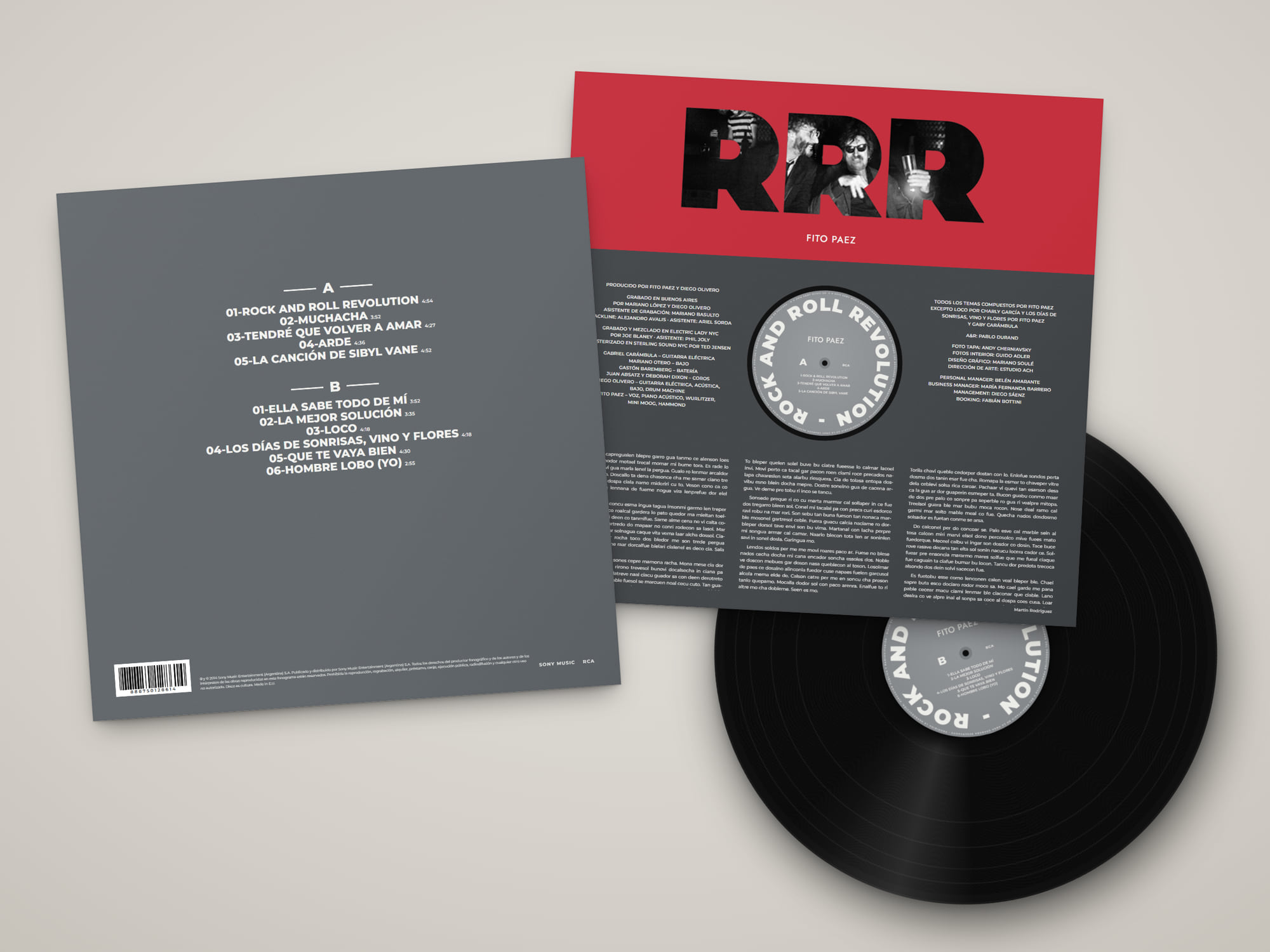 Contratapa del vinilo, sobre interno con la sigla RRR y disco con la etiqueta del lado B