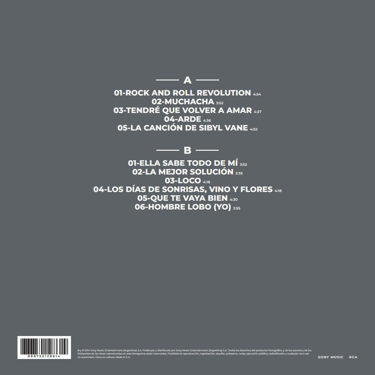 Contratapa del vinilo con los temas de los lados A y B