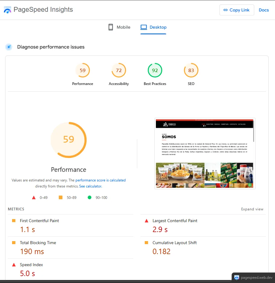 Medición del sitio anterior en PageSpeed Insights: 59
