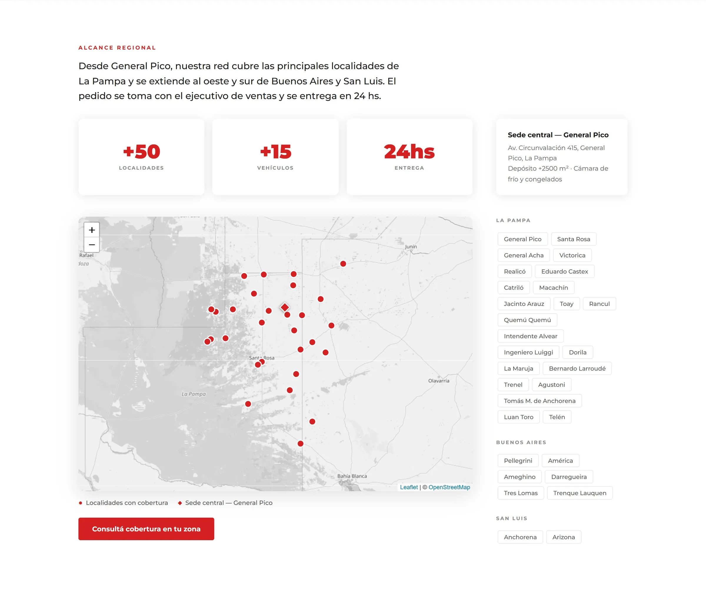 Página de cobertura con el mapa interactivo y las localidades