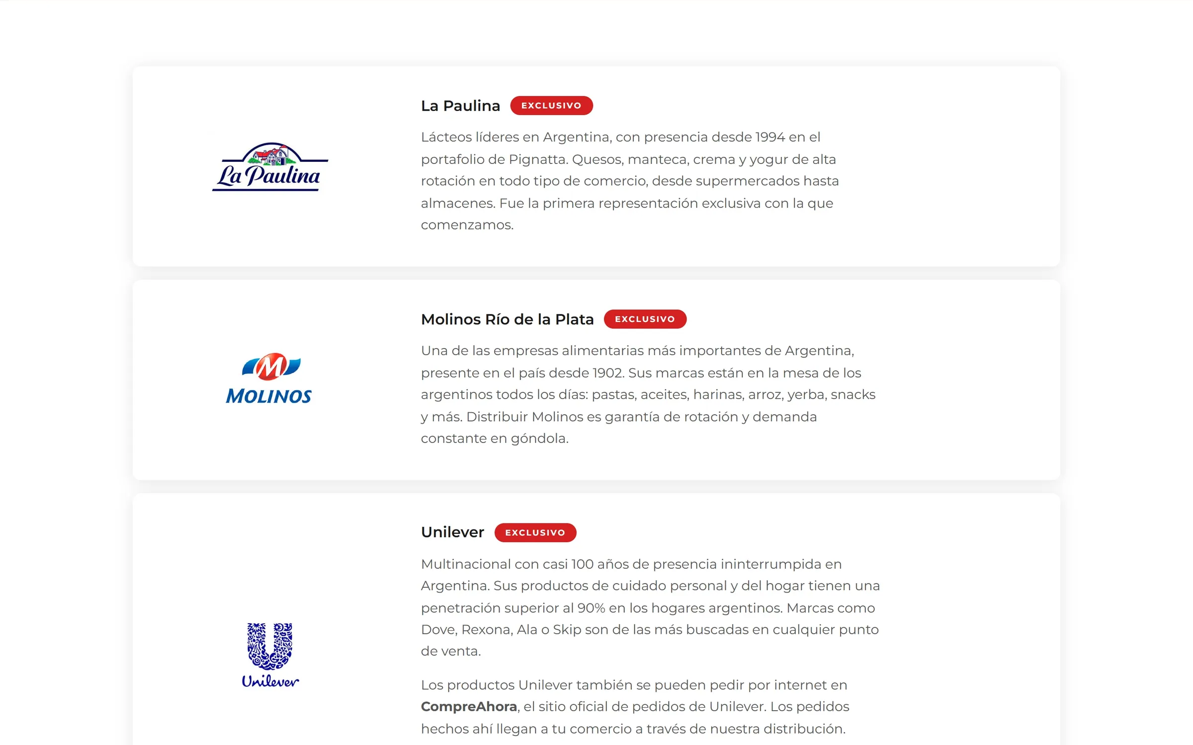 Página de marcas exclusivas, con la historia de cada empresa